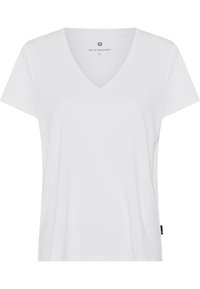 White v-neck t-shirt made of cotton. Short sleeves, relaxed fit, smooth texture, with a small brand label on the side. Size M.