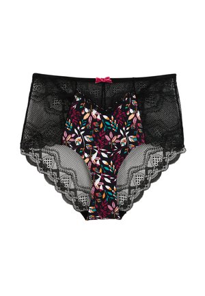 Culotte en dentelle noire taille haute avec un imprimé floral dans des teintes de rose, vert et orange, présentant des bords festonnés et un nœud central.