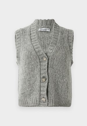 Grauer gestrickter, ärmelloser Cardigan-Weste mit Knopfleiste und geripptem Kragen und Saum, flach ausgelegt und von vorne mit drei Knöpfen gezeigt.