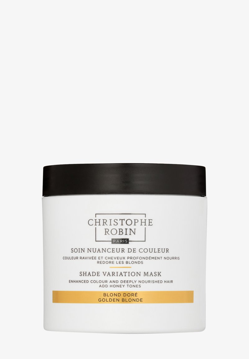 Christopher Robin Paris Shade Variation Mask voor goudblond haar met een zwart deksel en een wit potje, ontworpen om de kleur te versterken en het haar te voeden.