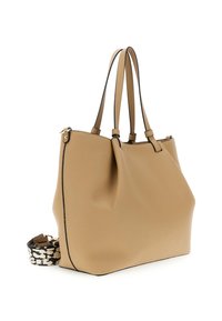 Borsa a tracolla in pelle color cuoio con due manici, rifiniture nere e una tracolla addizionale staccabile a motivo bianco e nero accanto.