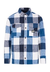 Camicia di flanella a quadri blu e bianchi con due tasche sul petto, chiusura frontale con bottoni e tessuto testurizzato. Presenta un piccolo etichetta con logo.
