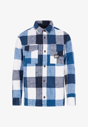 Niebieska i biała koszula flanelowa w kratę z dwoma kieszeniami na piersi, z guzikiem z przodu i teksturowanym materiałem. Posiada małą metkę z logo.