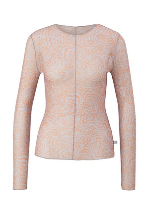 Langärmliges Oberteil aus leichtem, transparentem Stoff mit einem wirbelnden orange-weißen Muster. Runder Ausschnitt, figurbetonte Form und nahtloses Design.