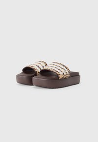 Platform sandals with a brown sole, featuring a leopard print strap with white stripes. Smooth texture and open-toe design.
