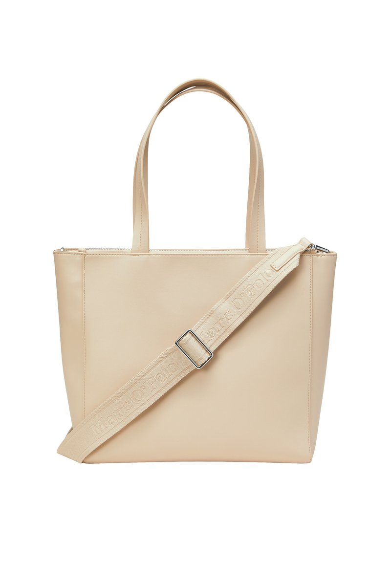 Beige Tote-Bag aus glattem Kunstleder, mit doppelten Griffen, einem abnehmbaren Riemen mit einer metallischen Schnalle und einem Reißverschluss oben.