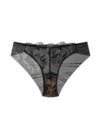 Schwarze Spitzenunterwäsche mit floralen Mustern, halbtransparentem Netz und gewellten Kanten, mit festen schwarzen Akzenten an den Seiten und am Rücken.
