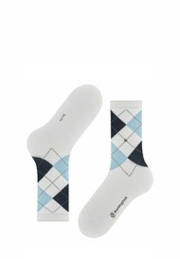 Calcetines blancos con un patrón de rombos en azul claro, azul oscuro y negro. El material es probablemente una mezcla de algodón. El logotipo está en la parte inferior.