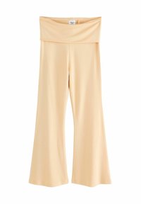 Laiad säärega kõrge vöökohaga püksid helebeežis kangas. Sile tekstuur, lai vöökoht ja voolavad sääred, loodud mugavuseks.