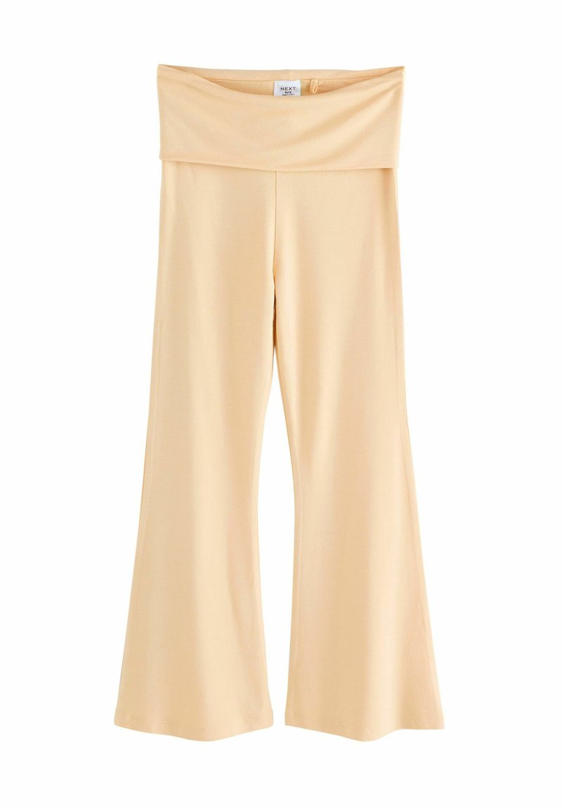 Laiad säärega kõrge vöökohaga püksid helebeežis kangas. Sile tekstuur, lai vöökoht ja voolavad sääred, loodud mugavuseks.