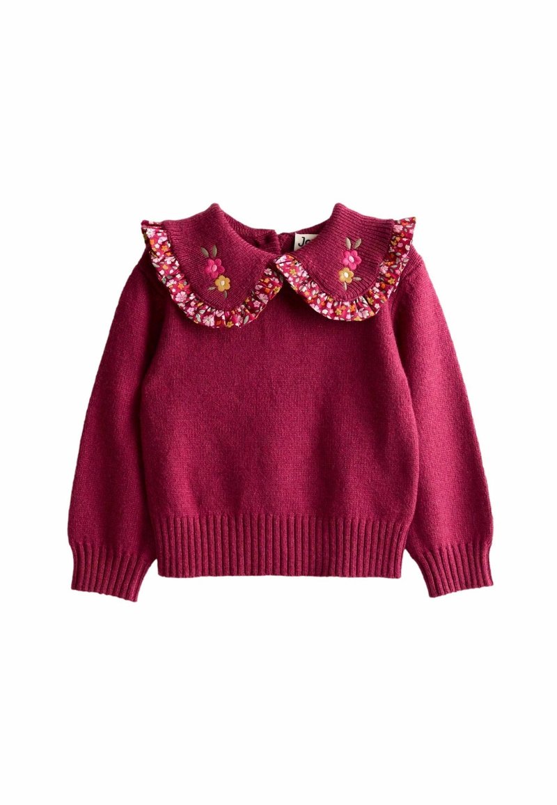 Pull enfant tricoté rose foncé avec col floral à volants présentant une broderie de fleurs roses et jaunes.
