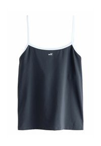 Dark gray tank top with thin straps, featuring a white accent along the neckline and the brand name "self." printed in white at the center.