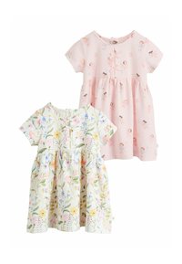 Kaks laste kleiti: üks roosa haldjaprintidega, teine valge lillemuster. Mõlemal on lühikesed varrukad ja nööpauk tagaküljel.