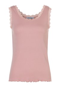 Rosa ärmelloses Tanktop aus geripptem Stoff mit gewelltem Spitzenbesatz am Ausschnitt und an den Armlöchern; leicht rüschiger Saum unten.