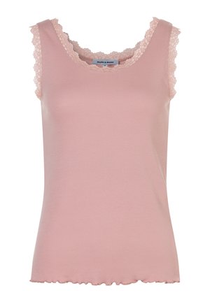 Rosa ärmelloses Tanktop aus geripptem Stoff mit gewelltem Spitzenbesatz am Ausschnitt und an den Armlöchern; leicht rüschiger Saum unten.