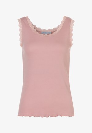 Pink sleeveless tank top in ribbed fabric with scalloped lace trim around the neck and armholes; slightly ruffled hem at the bottom.