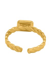Gouden verstelbare ring met een gedraaide bandontwerp en een vlak rechthoekig accent aan de bovenkant. Gladde, glanzende textuur overal.