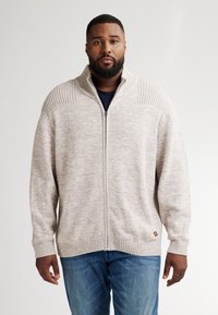 Světle béžový svetr na zip s žebrovanými detaily na ramenou a manžetách. Měkká struktura, dlouhé rukávy a uvolněný střih.