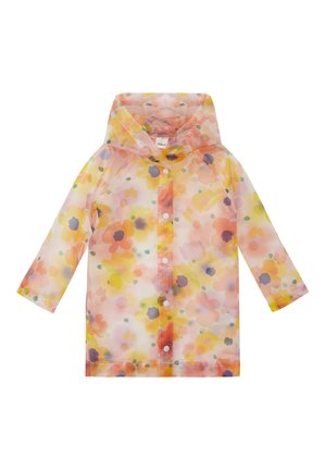 Transparenter Kinderregenmantel mit Kapuze, Druckknöpfen und buntem pastellfarbenem Blumenmuster in Gelb, Orange, Lila und Grün.