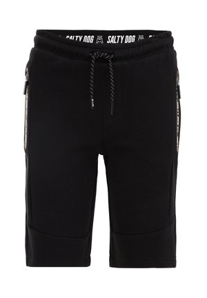 Sorte knælange shorts med snøre i taljen, lynlåslommer i siden og "Salty Dog" mærkenavn på indersiden af linningen.