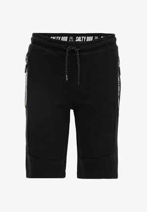 Schwarze kniehohe Shorts mit Kordelzugbund, seitlichen Reißverschlusstaschen und dem Markennamen "Salty Dog" auf der Innenseite des Bundes.