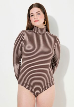Bruine gestreepte longsleeve bodysuit met een hoge halslijn en zachte, rekbare stof. Kenmerkt zich door dunne witte strepen en een ondeugende uitsnijding aan de onderkant.