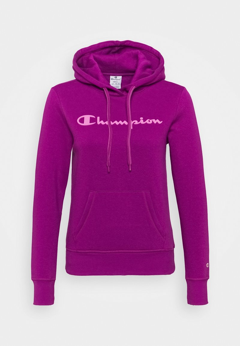 Sweat à capuche violet Champion avec poche avant, capuche à cordon et logo Champion rose clair sur la poitrine.
