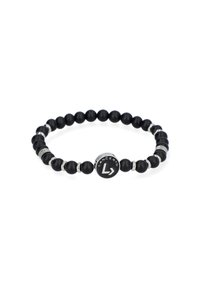 Czarna bransoletka z koralików, zawierająca matowe koraliki, metaliczne akcenty oraz okrągły detal z logo oznaczonego "LANCERTO". Regulowany rozmiar.
