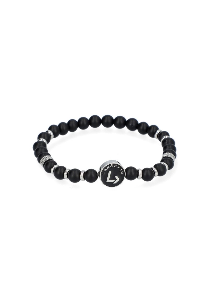 Czarna bransoletka z koralików, zawierająca matowe koraliki, metaliczne akcenty oraz okrągły detal z logo oznaczonego "LANCERTO". Regulowany rozmiar.