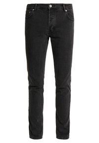 Jeans de mezclilla negra de corte ajustado, con cinco bolsillos, cremallera con botón y costuras en contraste. Textura suave con un ligero estiramiento.