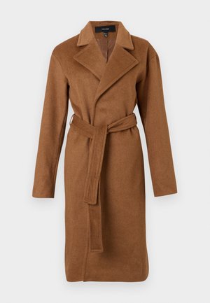 Rjav volnen plašč do kolen z širokimi reverji, dolgimi rokavi in usklajeno pasom, zavezanim okrog pasu.