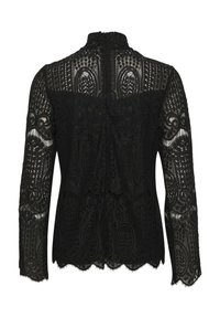 Black lace long-sleeve jacket with a high neckline, intricate floral patterns, scalloped hem, and a concealed back zipper.