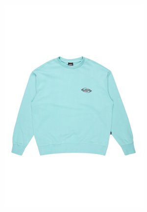 Light blue sweatshirt made of soft fabric, featuring a rounded neckline, ribbed cuffs, and a small logo on the chest.