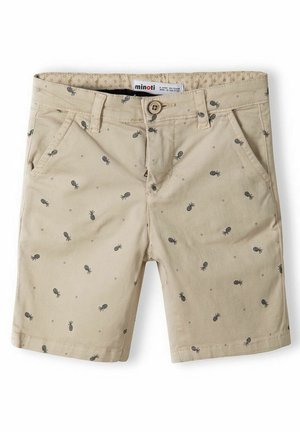 Beige børneshorts med små mørke ananastryk, frontknap, bæltestropper og sidelommer, mærket "minoti" inde i linningen.