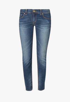 Skinny-Jeans aus blauem Denim, mit verwaschenem Look, fünf Taschen, Gürtelschlaufen und einem Messing-Knopfverschluss.