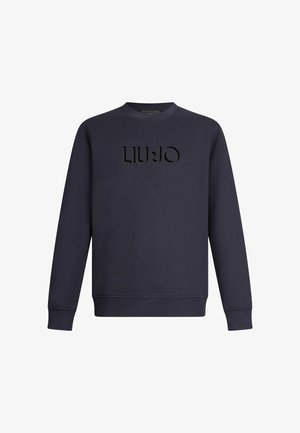Námornícky sveter vyrobený z mäkkého materiálu, s okrúhlym výstrihom, dlhými rukávmi a embosovaným logom "LIU JO" na prednej strane.