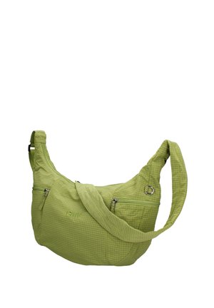 Borsa a tracolla verde chiaro con due tasche con cerniera, tracolla regolabile e sottile motivo a quadretti sul tessuto.