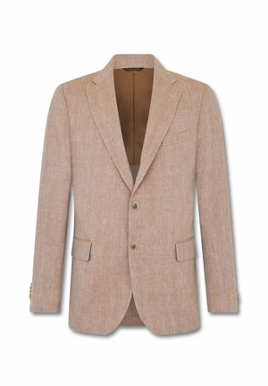 Beige herenblazer met twee knopen, een notch-revers, een borstzak en twee klepzakken, gemaakt van textuurstof met een bruine voering.