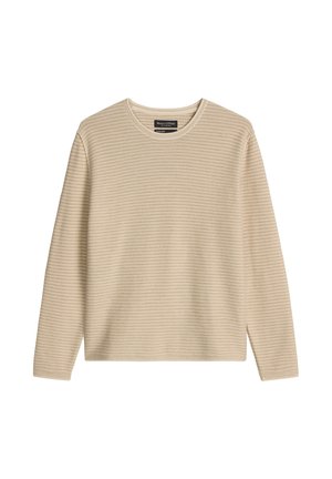 Beige long-sleeve knit sweater with subtle horizontal stripes and a round neckline, laid flat on a white background.