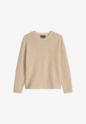 Maglione beige a maniche lunghe in maglia con sottili righe orizzontali e scollo rotondo, disteso su uno sfondo bianco.