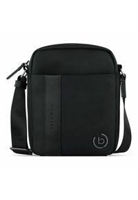 Borsa a spalla nera con tessuto testurizzato, dettagli in pelle liscia, tracolla regolabile, chiusura con zip e dettaglio logo in rilievo.