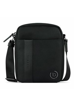 Sac à main noir avec un tissu texturé, des accents en cuir lisse, une bandoulière réglable, une fermeture zip et un détail de logo en relief.
