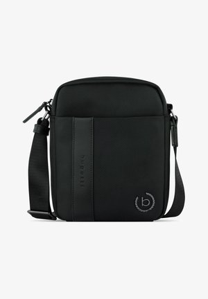 Bolsa de ombro preta com tecido texturizado, detalhes em pele lisa, alça ajustável, fecho com zíper e detalhe de logotipo em relevo.