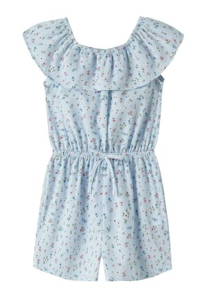 Lyseblå blomsterprintet romper med flæset off-shoulder halsudskæring, elastisk talje og justerbar snor.