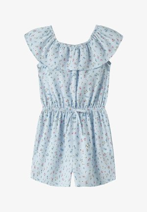 Lyseblå blomsterprintet romper med flæset off-shoulder halsudskæring, elastisk talje og justerbar snor.