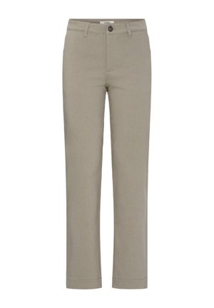 Beiget suorat housut, joissa on napin ja vetoketjun suljenta, vyölenkit ja keskileveä vyötärö.