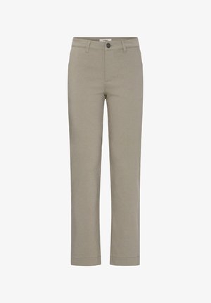 Beiget suorat housut, joissa on napin ja vetoketjun suljenta, vyölenkit ja keskileveä vyötärö.