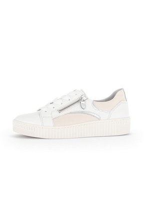 White leather sneaker with a textured beige panel, contrasting silver zipper, and a raised white rubber sole with horizontal grooves.