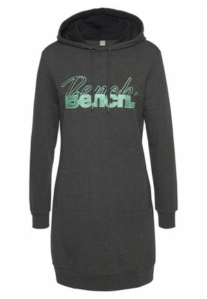 Dunkelgraues Kapuzenkleid mit langen Ärmeln, Fronttaschen und mintgrünem "Bench."-Logo auf der Brust.