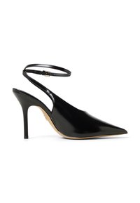 Escarpins slingback en cuir verni noir avec un bout pointu, un talon haut élancé et une lanière ajustable à la cheville. Texture lisse et design minimaliste.